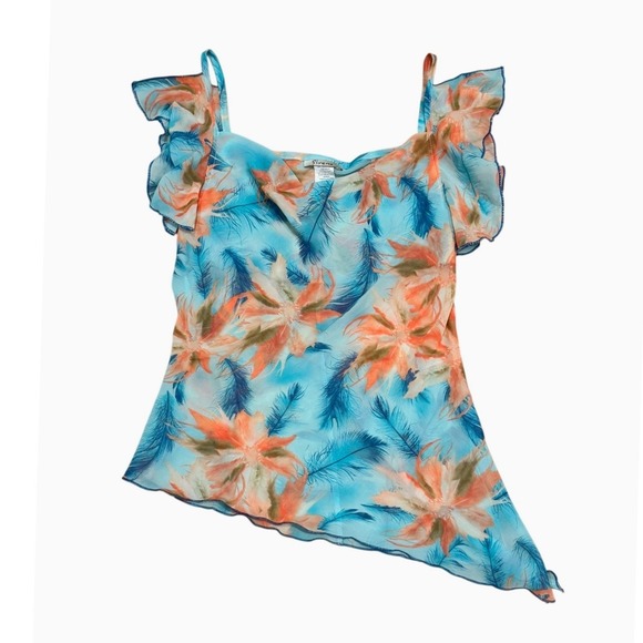 Sirens Tops - VTG Y2K Sirens Womens Blue Floral Chiffon Cowl Neck Asymmetrical Blouse Top S/P